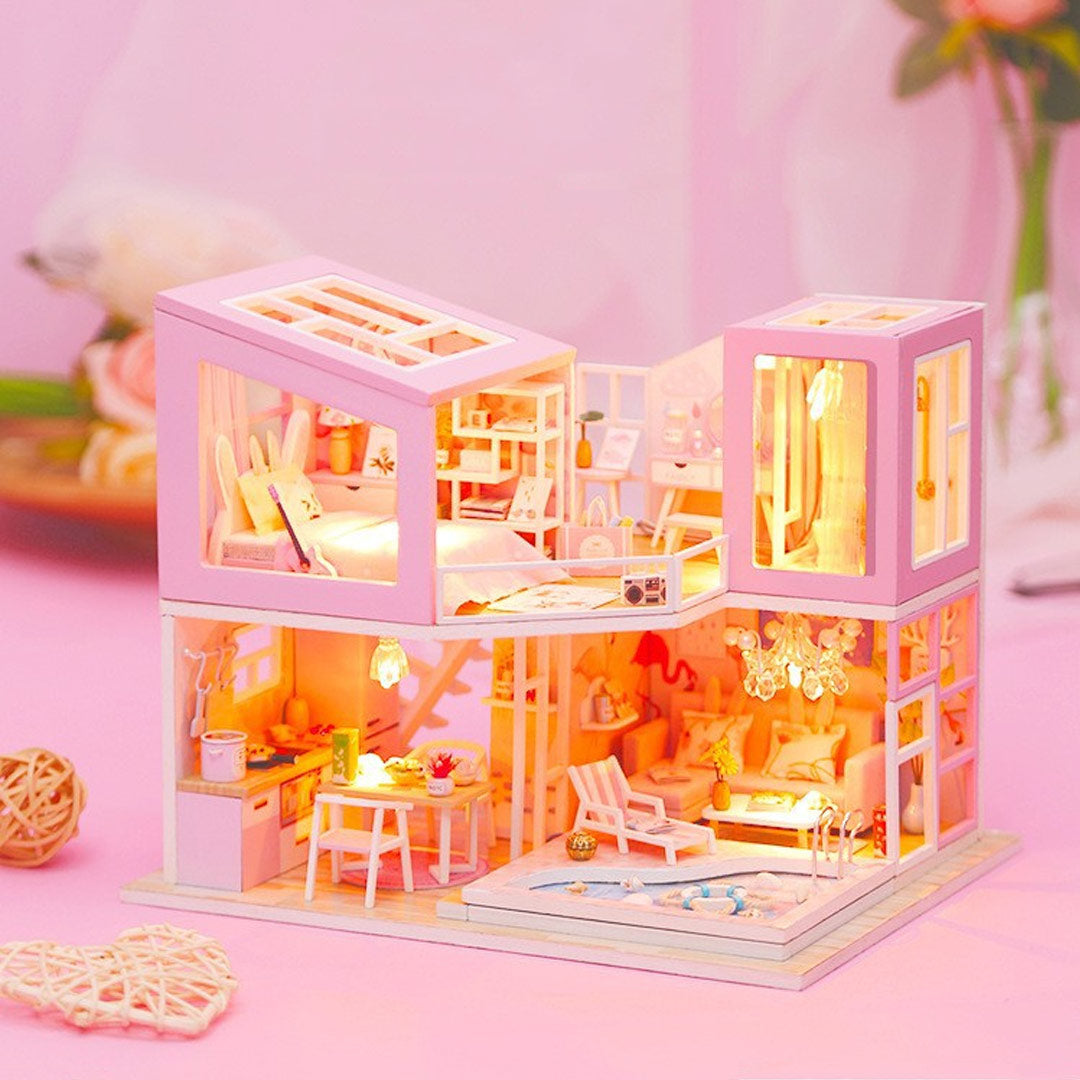 Pink House DIY Wooden Miniature House Kit