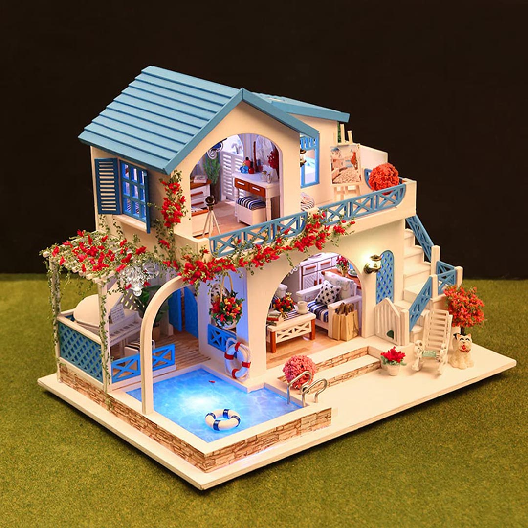 Blue and White Town DIY Miniature Dollhouse Kit