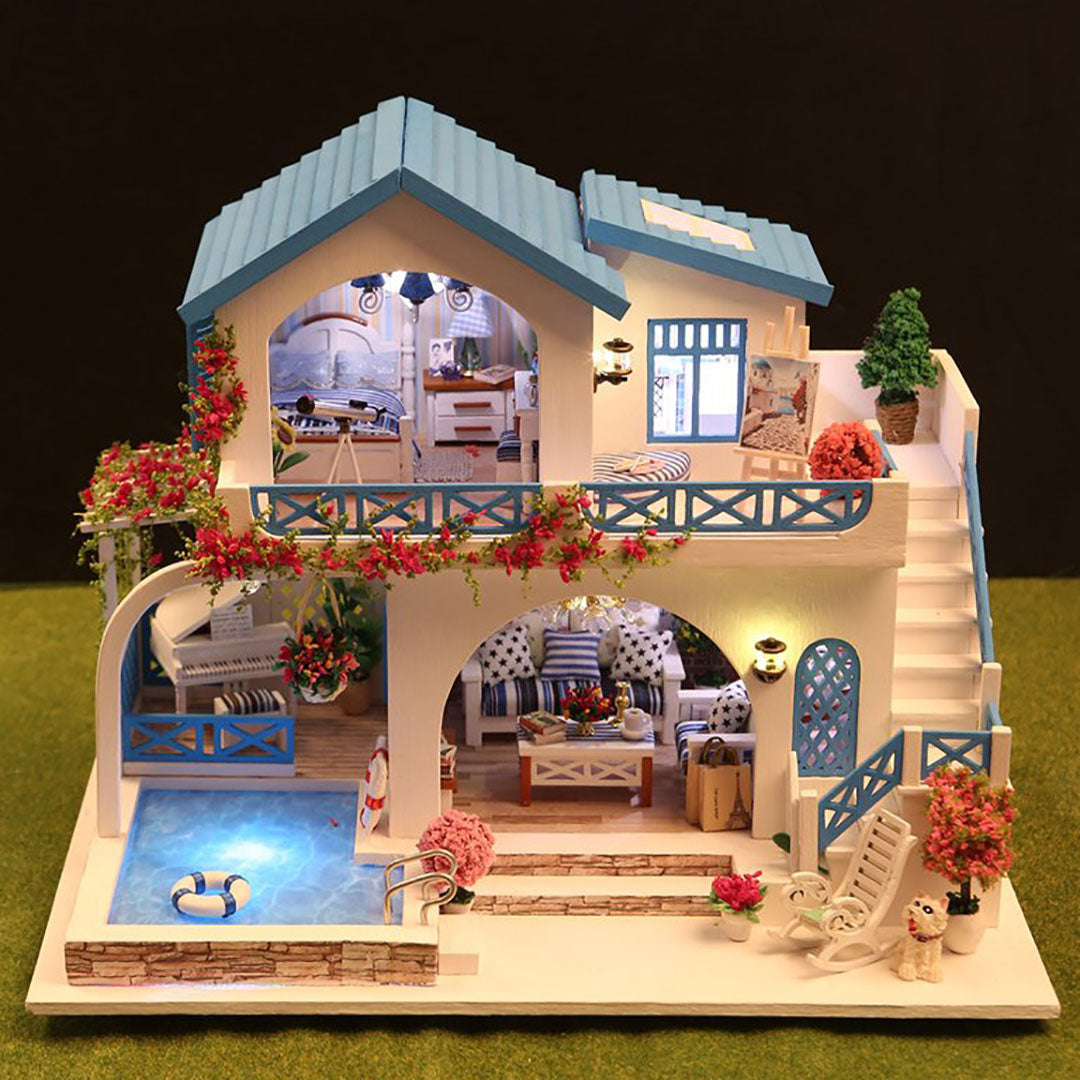 Blue and White Town DIY Miniature Dollhouse Kit