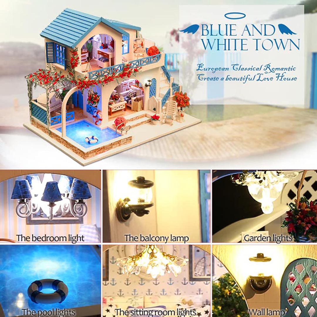 Blue and White Town DIY Miniature Dollhouse Kit